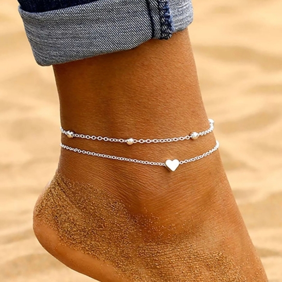 Gold or Silver Heart Tiny Beads Beaded Tier Tiered Layered Ankle Bracelet Anklet - Picture 4 of 13